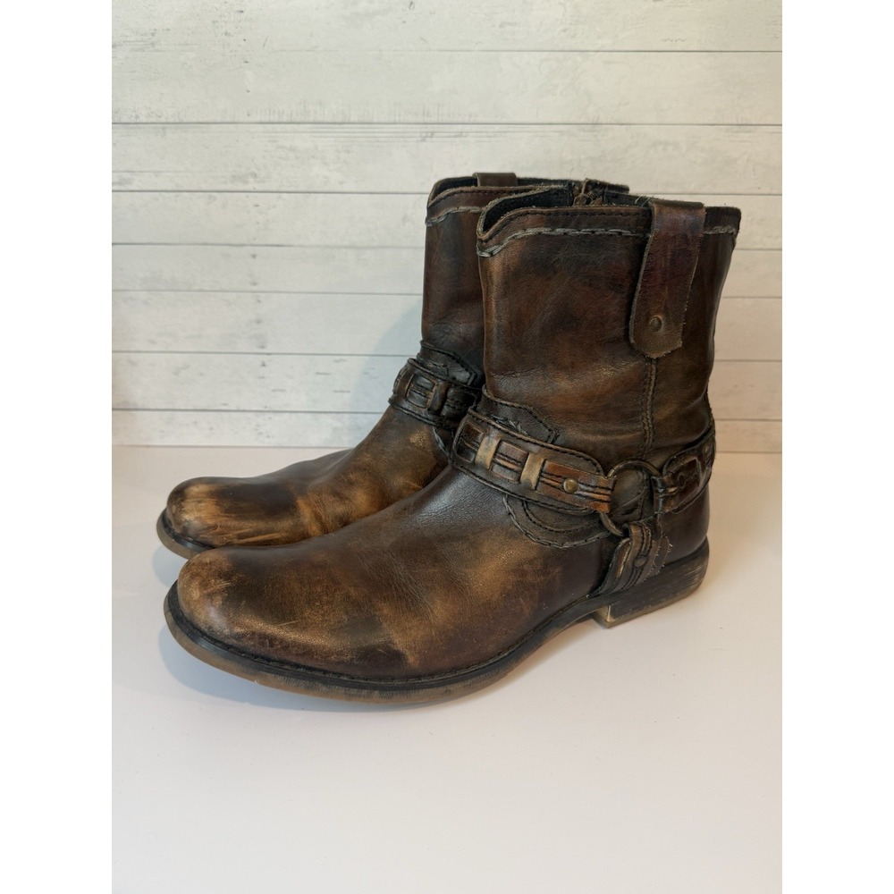 Bed|Stu Roma Harness Ankle Boots Women's Size 9 Brown Distressed Leather Moto